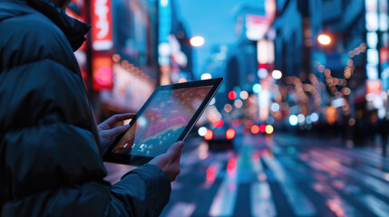 Professional person using a tablet on a rainy city street to manage documents using advanced software. Concept of urban technology, digital interaction, and modern lifestyle.