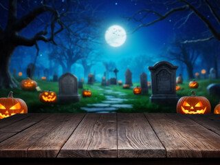 Close up of Empty wooden table and blurred with Halloween night background. Tombs.  Bats. Pumpkin face. Blank for the Product. Advertise. Mockup. Copy Space.