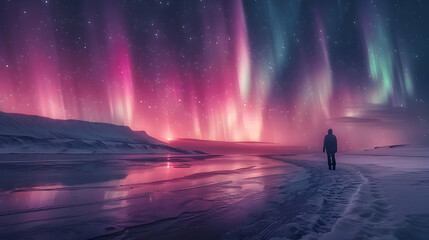 Fototapeta premium Snowy Landscape with Aurora Borealis and a Lone Figure