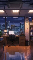 The police office features a desk with computer equipment, files, and a window showing a vibrant night cityscape