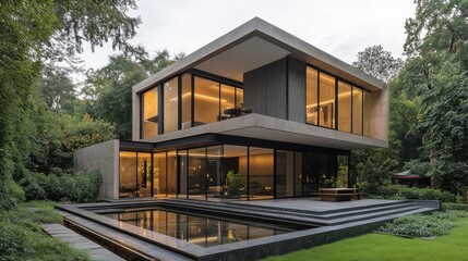 Fototapeta premium Modern Luxury House with Glass Walls and Pool in a Green Forest Environment