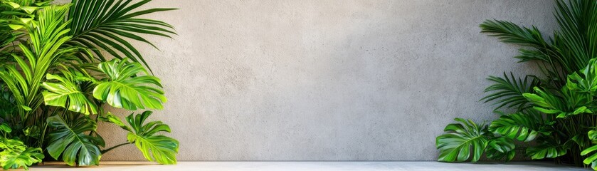 A serene view of lush green plants against a smooth concrete wall, perfect for nature-themed designs and background usage.