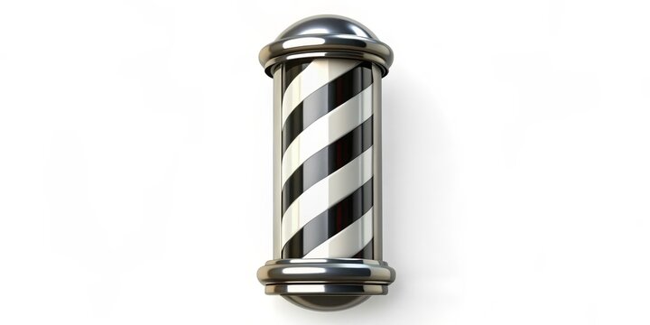 3D Rendered Barber Pole with Chrome Accents, white background, barber pole, chrome, 3d rendering
