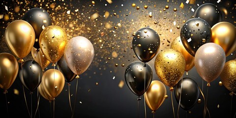 Obraz premium Happy birthday celebration with gold and black balloons, confetti, and glittering text on dark background