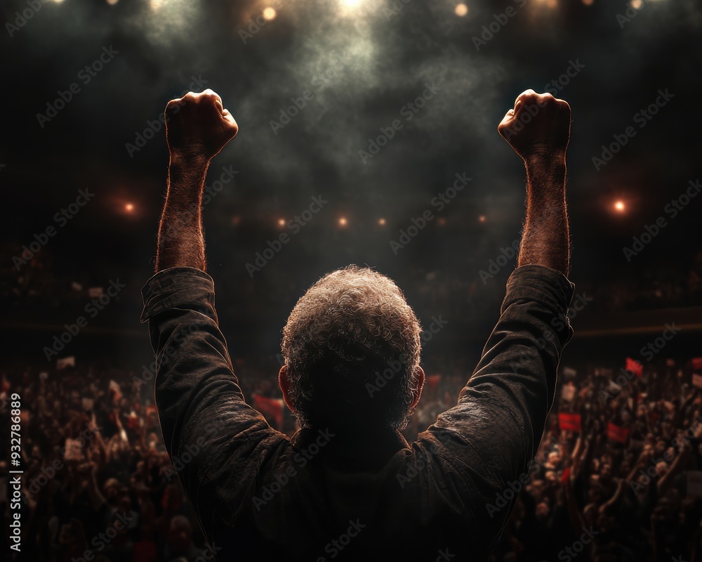 Wall mural A man stands with raised fists, triumphantly facing a cheering crowd, illuminated by dramatic stage lighting in a powerful moment.