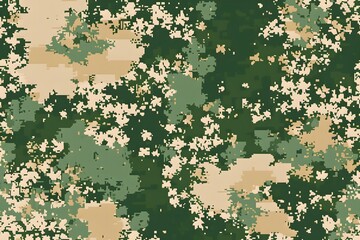 An army camouflage pattern with a pixelated, glitchy look. The background is green and beige, with small white flowers scattered across it in an intricate design. There is no text or other elements on