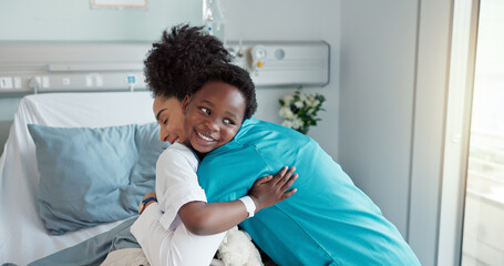 Nurse, kid and patient on hug with smile at hospital for test results, good news and feedback. People, happy and satisfied with recovery on illness or disease with care, support and love in bed