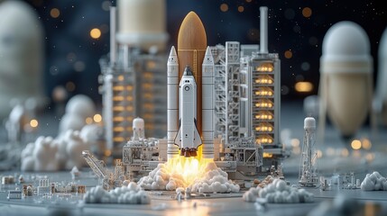 A highly detailed model of a rocket launch, showcasing liftoff with realistic flames and smoke, surrounded by miniature launchpad structures.