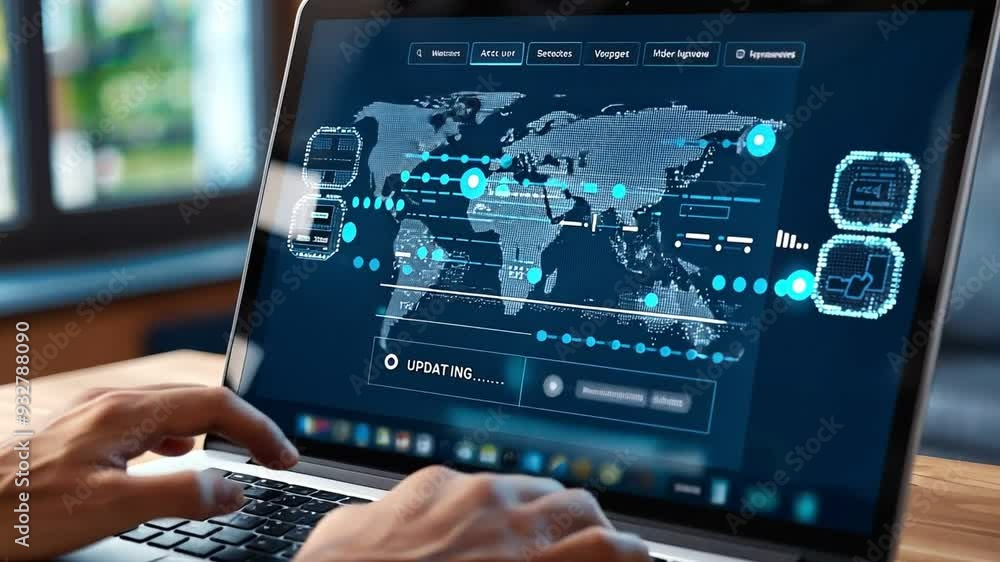 Poster person typing on a laptop with data analytics dashboard on screen