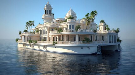 Fototapeta premium Luxurious Floating Mansion with Palm Trees on a Calm Sea.