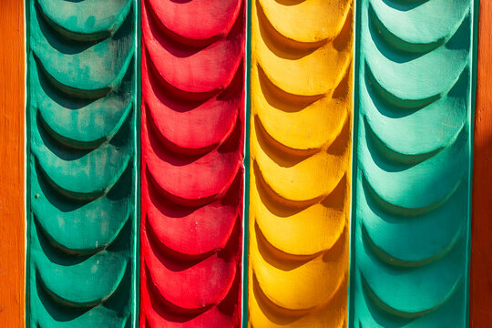 India, West Bengal, Kolkata. Abstract colorful plaster designs.