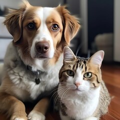 there is a dog and a cat sitting on the floor