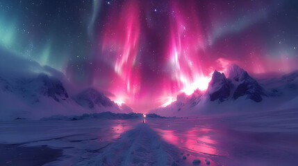 Obraz premium Snowy Mountains with Pink Aurora Borealis Illustration
