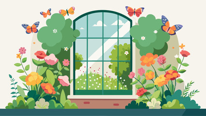 Nature-Inspired Window Overlooking Garden with Butterflies. Perfect for: Spring Festivals, Garden Parties, Home Decor
