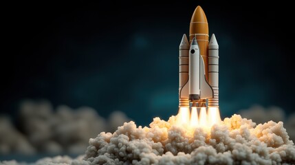 A space shuttle ignites and lifts off from the ground, surrounded by billowing clouds of smoke, against a dark, starless night sky, capturing the thrill of space exploration.