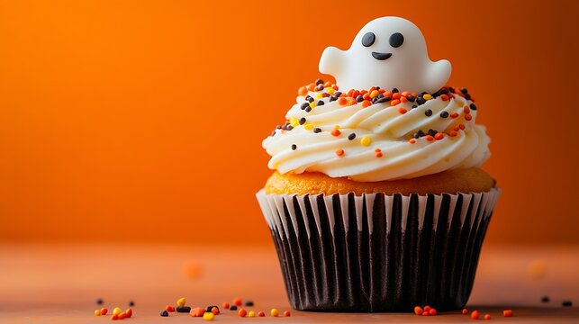 A cute Halloween-themed cupcake with a spooky orange background, featuring a ghostly frosting decoration and festive sprinkles. The upper part of the image is clear for adding promotional text.