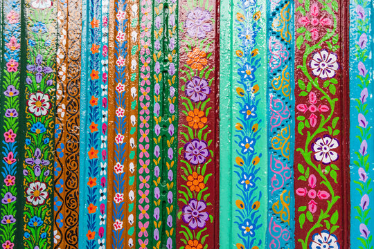 Shamwari, Srinagar, Jammu and Kashmir, India. Colorful painted decoration at the Khanqah-e-Moula mosque.