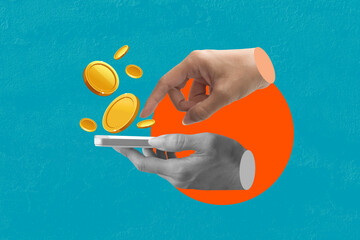 Holding smartphone into a shopping and coin with empty screen in hands on blue background. Art collage digital pop modern art.