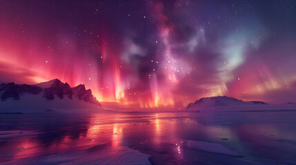 Pink and Blue Aurora Borealis over Frozen Lake with Mountains in the Background - Realistic Image