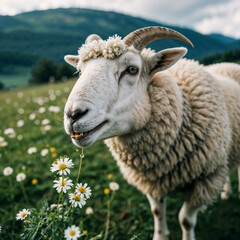 Obraz premium Cute and woolly sheep in the meadow