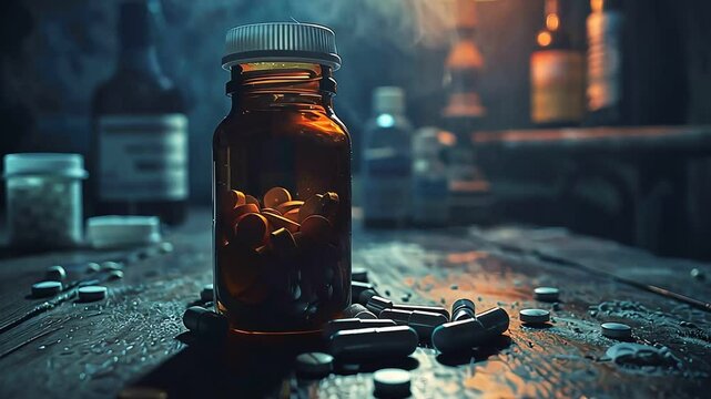 Mystical apothecary scene with old potion bottle and scattered herbs on a wooden table