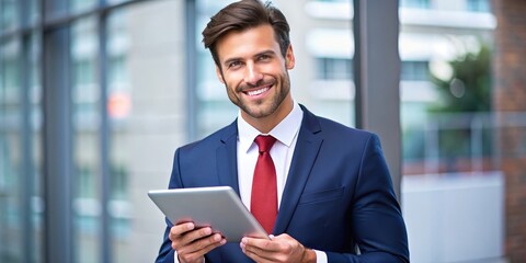 Fototapeta premium Confident Businessman with Tablet, Blue Suit, Red Tie, Office Setting, Technology, Professional, Success