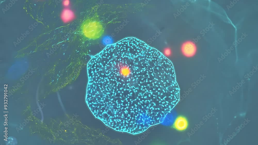 Poster exploring the intricate details of a cell's structure under a microscope
