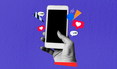 Hand hold mobile phone heart like love follower, social media creative concept. Art collage digital...