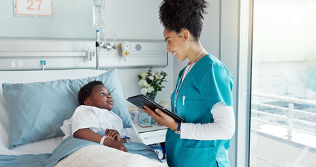 Nurse, kid and patient on tablet with smile at hospital for test results, good news and feedback....