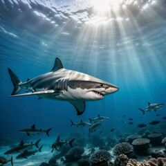 Fototapeta premium Scary shark in the deep ocean looking for prey