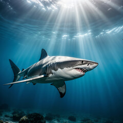 Fototapeta premium Scary shark in the deep ocean looking for prey
