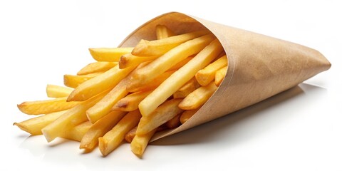Crispy Golden French Fries in a Brown Paper Cone, french fries, fast food, snack, potato