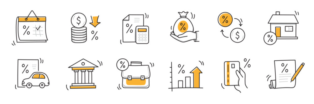 Loan interest rate doodle icon set. Hand drawn sketch doodle line style bank money loan interest rate icon for house, car discount percentage concept. Trendy cute element. Vector illustration
