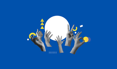 Show hand isolated over blue background. Concept of social media, influence, popularity, modern lifestyle and ad. Art collage digital pop modern art.