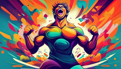 Fototapeta premium Heroic Figure Embracing Power and Energy, Illustrated in a Vibrant Abstract Style