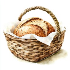 Watercolor illustration of a rustic bread basket with a warm, inviting loaf, cozy dinner setting, clipart, isolate on white background 