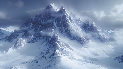 Obraz premium Snowy Mountain Peak with Clouds and Stars 3D Illustration