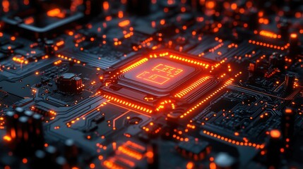 Obraz premium A close-up view of a glowing microchip on a circuit board.