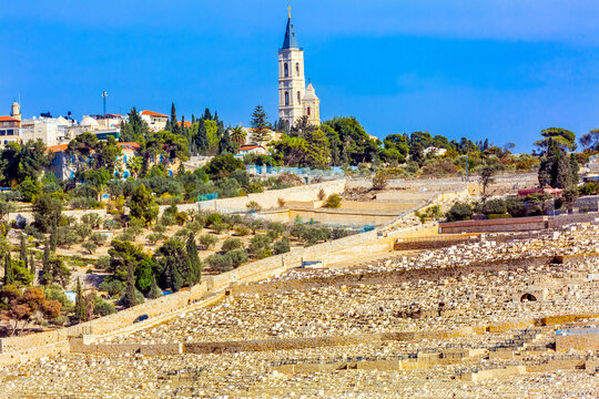 Mount of Olives Jewish Cemeteries. Church of Ascension, Jerusalem, Israel. Location of the Garden of Gethsemane and the Ascension of Jesus.