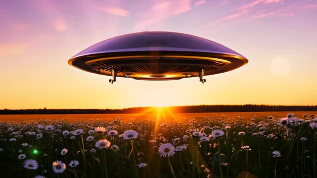 UFO sighting over a field of wildflowers at sunset
