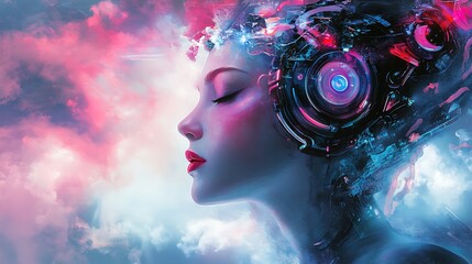 Woman with Mechanical Head in Front of Cloudy Sky.