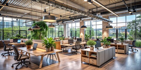 Naklejka premium Modern Open-Plan Office Interior with Natural Light, Wood Furnishings, and Green Plants, office design, workspace, modern office, contemporary design