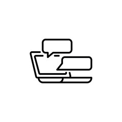 Online chat icon. Simple line illustration of a laptop with speech bubbles indicating an active chat or conversation. Perfect for representing online communication, messaging apps. Vector illustration