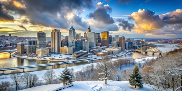 Pittsburgh Skyline Winter Sunset, Pittsburgh, Pennsylvania, Cityscape, Winter Wonderland