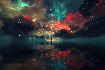 Fototapeta premium Lonely Figure Gazing at a Colorful Night Sky Reflected in the Water.