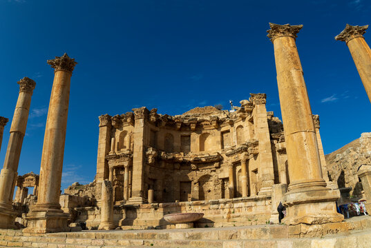 Jordan, Amman. Roman ruins with temple, forum and amphitheater.