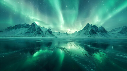 Green Aurora Borealis Reflected in Frozen Lake -  Photo