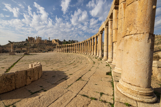 Jordan, Amman. Oval Plaza, Roman ruins with temple, forum and amphitheater.