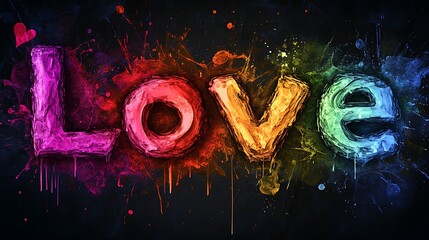 Abstract Love Word Art with Rainbow Splashes.