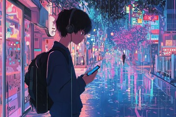 Naklejka premium Young Asian male listening to music on his phone in a vibrant neon city at night.
